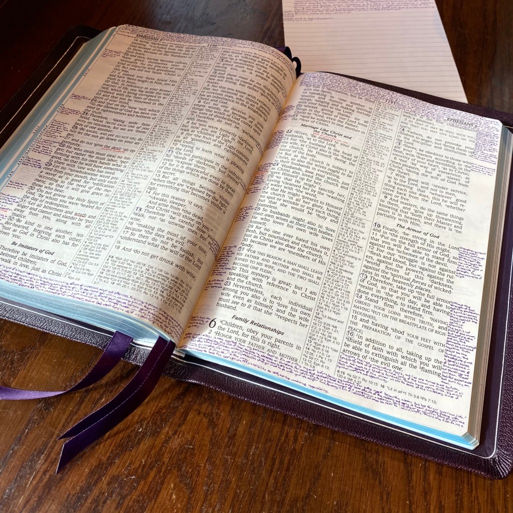 Picture of a Bible open to Ephesians 5 and 6.